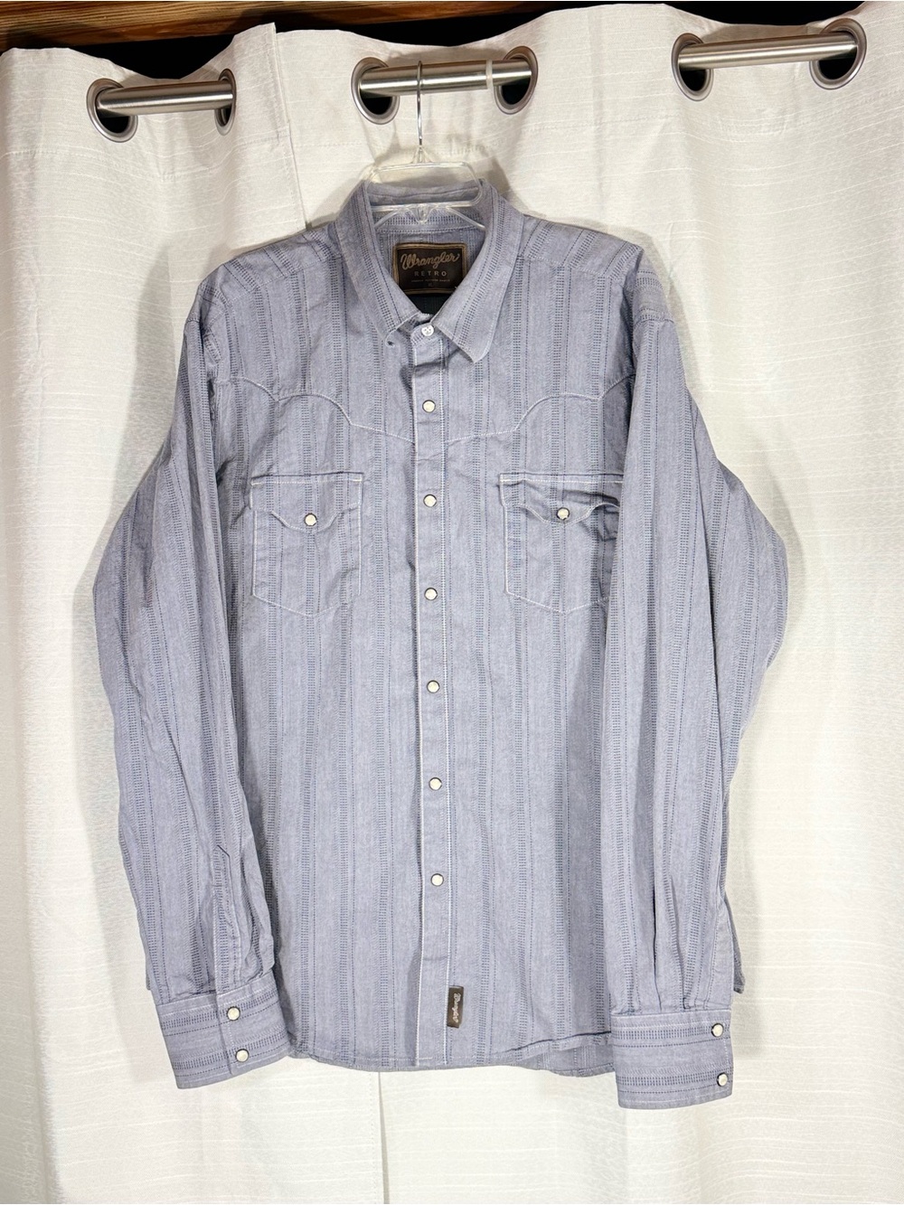 Wrangler XL Light Blue Striped pearl snap Western Shirt